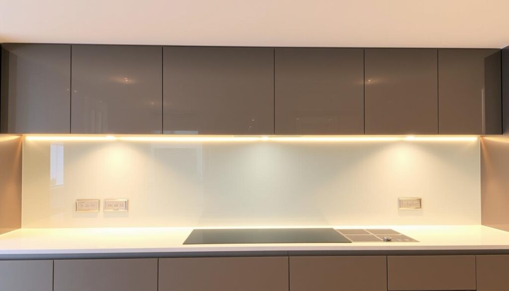 A contemporary kitchen splashback made of tempered glass, reflecting the warm overhead lighting. The glass is seamless, with a smooth, glossy surface that extends from the countertop to the ceiling, creating a sleek, minimalist design. The splashback is slightly tinted, offering a subtle visual interest and protecting the wall from splatters and stains. The kitchen features a modern, neutral color palette, with clean lines and a streamlined aesthetic. The splashback serves as the focal point, seamlessly integrating function and design, and creating a cohesive, visually appealing space. A contemporary kitchen splashback made of tempered glass, reflecting the warm overhead lighting. The glass is seamless, with a smooth, glossy surface that extends from the countertop to the ceiling, creating a sleek, minimalist design. The splashback is slightly tinted, offering a subtle visual interest and protecting the wall from splatters and stains. The kitchen features a modern, neutral color palette, with clean lines and a streamlined aesthetic. The splashback serves as the focal point, seamlessly integrating function and design, and creating a cohesive, visually appealing space.