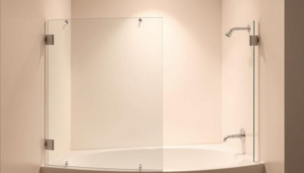 A corner shower enclosure for a bathtub, featuring a sleek, frameless glass panel that seamlessly integrates with the tub. The glass has a subtle, satin-like finish that diffuses the light, creating a soft, inviting atmosphere. The panel is mounted on a discreet, minimalist track system, allowing for easy access and a clean, unobstructed look. The lighting, positioned strategically above the tub, casts a warm, flattering glow, highlighting the elegant curves of the bathtub and the transparency of the glass. The overall composition conveys a sense of modern luxury and spa-like tranquility, perfectly suited for the "Eck-Duschwand für die Badewanne" section of the article. A corner shower enclosure for a bathtub, featuring a sleek, frameless glass panel that seamlessly integrates with the tub. The glass has a subtle, satin-like finish that diffuses the light, creating a soft, inviting atmosphere. The panel is mounted on a discreet, minimalist track system, allowing for easy access and a clean, unobstructed look. The lighting, positioned strategically above the tub, casts a warm, flattering glow, highlighting the elegant curves of the bathtub and the transparency of the glass. The overall composition conveys a sense of modern luxury and spa-like tranquility, perfectly suited for the "Eck-Duschwand für die Badewanne" section of the article.