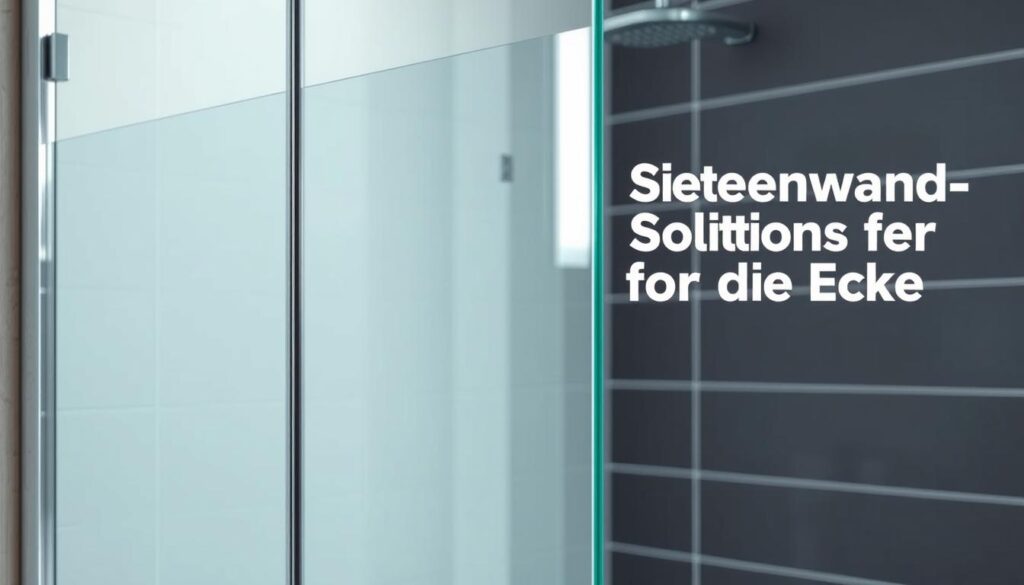 A corner shower enclosure with a custom-fit side panel, illuminated by soft, diffused natural light. The panel features a sleek, frameless glass design, seamlessly integrated into the shower's structure. The glass gently curves to provide maximum spray protection, its translucent surface reflecting the surrounding tiles and fixtures. The overall composition exudes a sense of modern elegance and functional simplicity, perfectly suited for the "Seitenwand-Lösungen für die Ecke" section of the article.