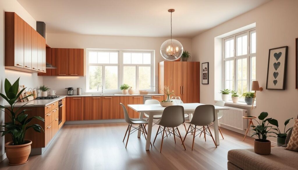A cozy and inviting kitchen-dining room combo, bathed in soft, natural light filtering through large windows. Sleek, modern kitchen cabinetry in a warm wood tone contrasts with the bright, minimalist dining table and chairs. Potted plants and a statement light fixture add touches of greenery and sophistication. The space has an open, airy feel, seamlessly blending the culinary and social aspects of the home. A harmonious, harmonious scene that captures the essence of a multifunctional living space.