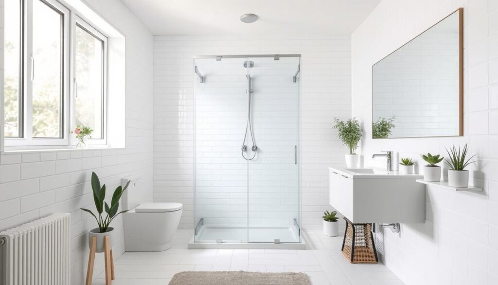 A cozy and well-planned small bathroom with a modern, minimalist aesthetic. The room features soft, natural lighting that cascades through a large window, illuminating the clean, white tiled walls and floor. In the center, a sleek, frameless glass shower enclosure takes center stage, its sliding doors seamlessly integrated into the design. Nearby, a compact vanity with a simple, integrated sink and a large mirror create a sense of spaciousness. Subtle accent pieces, such as potted plants and modern fixtures, add warmth and personality to the space. The overall atmosphere is one of calm, functionality, and attention to detail, perfectly suited for the "Planung kleines Bad" section of the article.