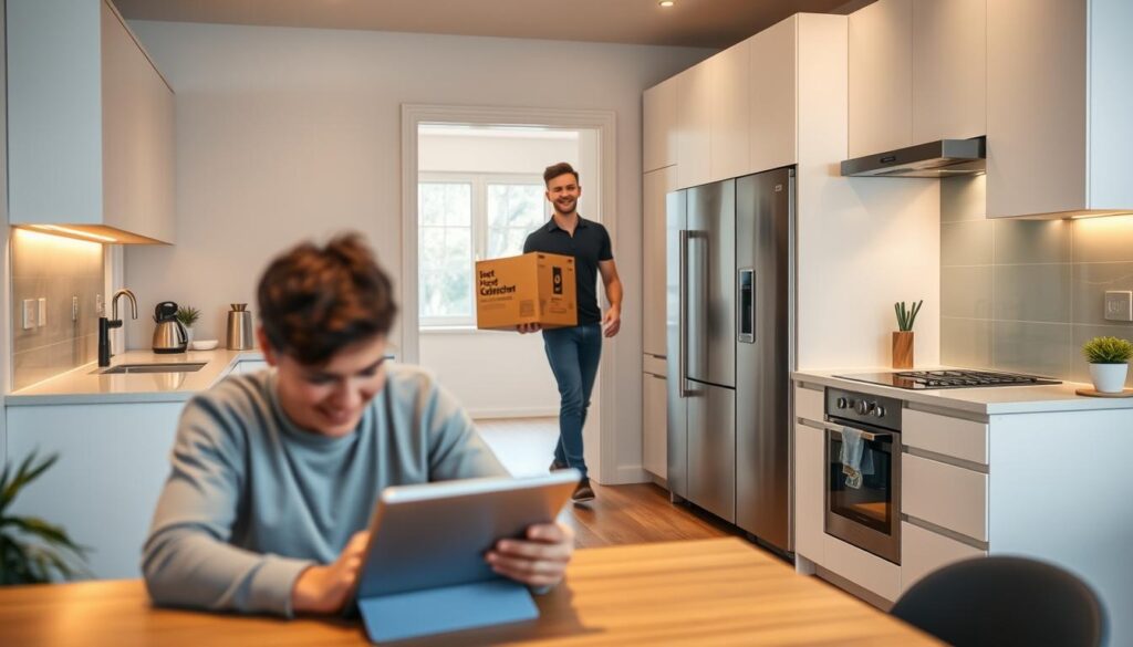 A cozy kitchen interior with a modern glass backsplash prominently displayed. In the foreground, a person sitting at a table is placing an online order on a tablet, their face obscured but their hands visible. In the middle ground, a delivery person carrying a large package enters through an open doorway, a friendly smile on their face. The background features a minimalist kitchen design with sleek cabinets, stainless steel appliances, and warm lighting creating a welcoming atmosphere. The scene conveys the ease and convenience of ordering and receiving a custom kitchen backsplash from Glastürhop24.