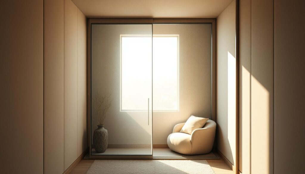 A cozy, soundproof room with smooth, glass sliding doors that seamlessly blend into the walls. Muted lighting filters through the glass, casting a warm, tranquil glow. The space is designed with acoustics in mind, featuring sound-absorbing materials on the walls and ceiling that create a peaceful, echo-free environment. Plush furniture and soft textiles add to the room's inviting ambiance, making it an ideal haven for relaxation or focused work. The glass panels allow natural light to permeate the space, while maintaining a high level of sound insulation. This serene, well-designed "Schallschutz raum" embodies the importance of acoustic comfort in modern living and working spaces. A cozy, soundproof room with smooth, glass sliding doors that seamlessly blend into the walls. Muted lighting filters through the glass, casting a warm, tranquil glow. The space is designed with acoustics in mind, featuring sound-absorbing materials on the walls and ceiling that create a peaceful, echo-free environment. Plush furniture and soft textiles add to the room's inviting ambiance, making it an ideal haven for relaxation or focused work. The glass panels allow natural light to permeate the space, while maintaining a high level of sound insulation. This serene, well-designed "Schallschutz raum" embodies the importance of acoustic comfort in modern living and working spaces.