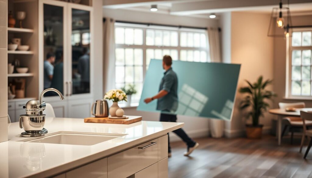 A cozy, well-lit interior scene showcasing a professional kitchen showroom. In the foreground, a sleek, modern kitchen counter and cabinets made of high-quality, glossy white material. Atop the counter, a neatly arranged display of kitchen accessories, including a stainless steel mixer, cutting board, and a vase of fresh flowers. In the middle ground, a delivery person carrying a large, carefully packaged glass panel, representing the custom-made kitchen backsplash. The background features a warm, inviting ambiance with soft, natural lighting filtering through large windows, highlighting the attention to detail and craftsmanship of the space. The overall mood conveys a sense of professionalism, quality, and the seamless delivery of a personalized kitchen solution.