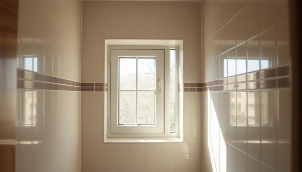 A cozy, well-lit window nestled in a small bathroom, casting a warm glow and offering a glimpse of the outdoors. The window frame is crafted from sleek, modern materials, seamlessly integrated into the tiled walls. Sunlight streams through the panes, illuminating the compact yet efficiently designed space. The window's placement and proportions are carefully considered, maximizing the room's functionality and creating a sense of openness. The overall atmosphere is calming and inviting, reflecting the thoughtful integration of form and function in this challenging bathroom layout.