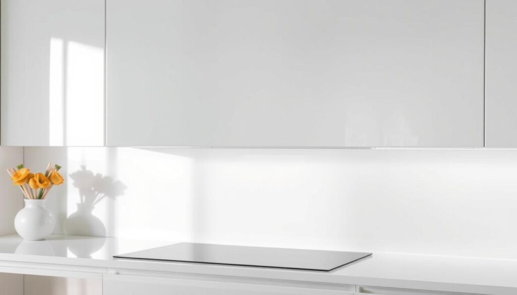 A crisp, high-quality glass panel with a sleek, modern design. The ESG-Optiwhite material gleams under the soft, diffused lighting, its subtle tint and exceptional clarity creating a sense of purity and refinement. Smooth, unblemished surfaces reflect the surrounding environment, blending seamlessly with the minimalist kitchen setting. Intricate details like bevelled edges and a polished finish convey a premium quality and attention to craftsmanship. The image captures the safety and durability of this specialized glass, showcasing its suitability for use as a kitchen backsplash or splashback.