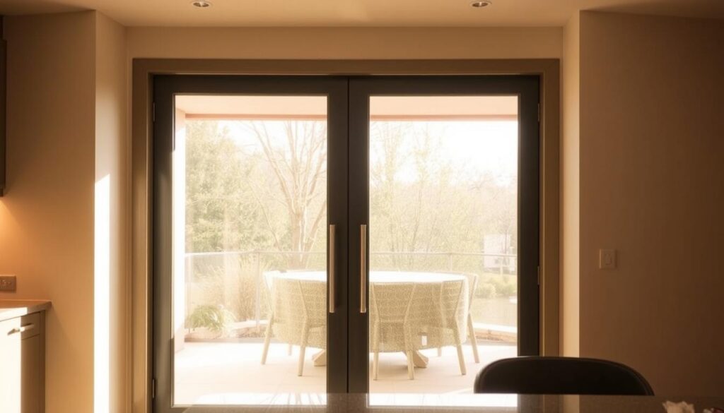 A custom-built, precision-engineered glass sliding door for a kitchen, handcrafted with meticulous attention to detail. Silky-smooth mechanism, seamless glass panels that effortlessly glide open and closed. Warm, natural lighting filters through the transparent panes, casting a soft, ambient glow. The frame is a sleek, minimalist design in a muted, neutral tone, complementing the kitchen's interior. The door is a bespoke solution, meticulously measured and tailored to the exact specifications of the space, creating a harmonious, integrated look. A premium, high-quality product that elevates the kitchen's aesthetic and functionality.