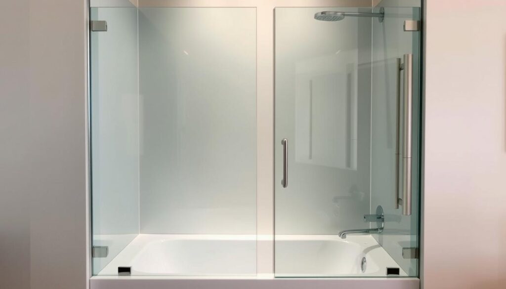 A custom, corner-fitted shower enclosure made of sleek, tempered glass panels, its clean lines and minimal frame blending seamlessly with the elegant, modern bathtub beneath. Soft, diffused lighting from hidden fixtures casts a warm, inviting glow, creating an oasis of tranquility. The enclosure's hinged door effortlessly glides open, inviting the user to step into a luxurious, spa-like experience. Discreet, chrome-finished hardware completes the high-end, refined aesthetic, perfectly suited for a luxurious bathroom interior.