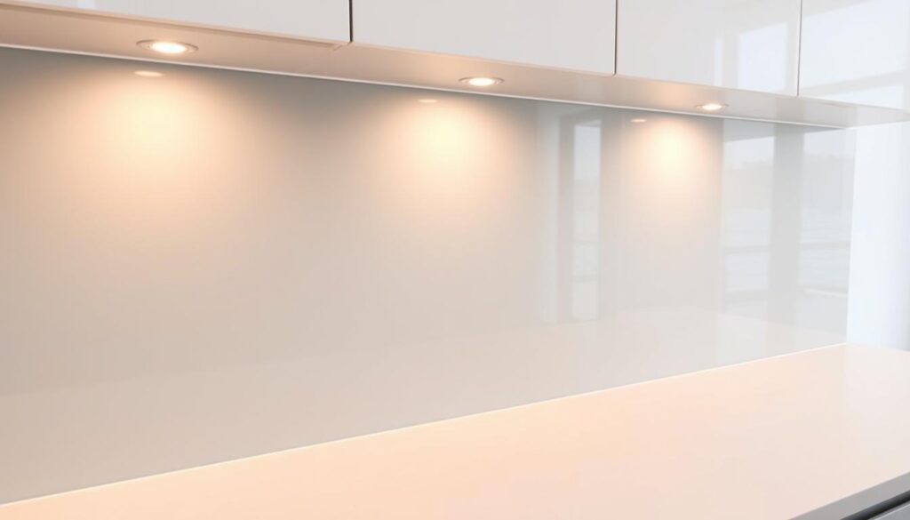 A custom-fitted kitchen backsplash with a sleek, seamless design. The surface is a modern glass panel in a subtle gray tone, subtly reflecting the warm lighting above. The edges are precisely measured and cut to fit the kitchen's contours, creating a cohesive, built-in appearance. The backsplash extends from the countertop to the cabinets, providing ample coverage against splatters and spills. Smooth, tempered glass gives the surface a high-quality, durable finish, while the minimalist aesthetic complements the kitchen's contemporary style. Carefully crafted to the exact dimensions of the space, this personalized backsplash solution effortlessly blends form and function.