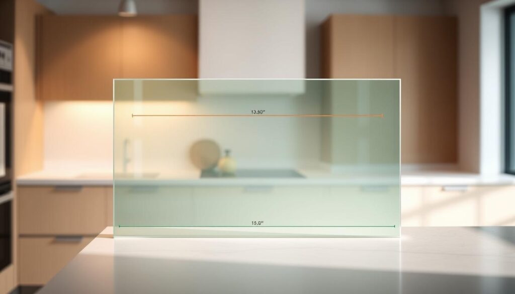 A custom-made glass splashback, designed with precise measurements to fit the unique dimensions of a kitchen counter. The splashback is positioned in the foreground, showcasing its seamless integration with the surrounding cabinetry and countertop. The lighting is soft and diffused, creating a warm and inviting atmosphere. The middle ground features a modern, minimalist kitchen design, with clean lines and a neutral color palette. The background blurs gently, allowing the focus to remain on the personalized splashback solution. The overall scene conveys a sense of elegance, functionality, and attention to detail, reflecting the bespoke nature of the "Maßanfertigung" process.