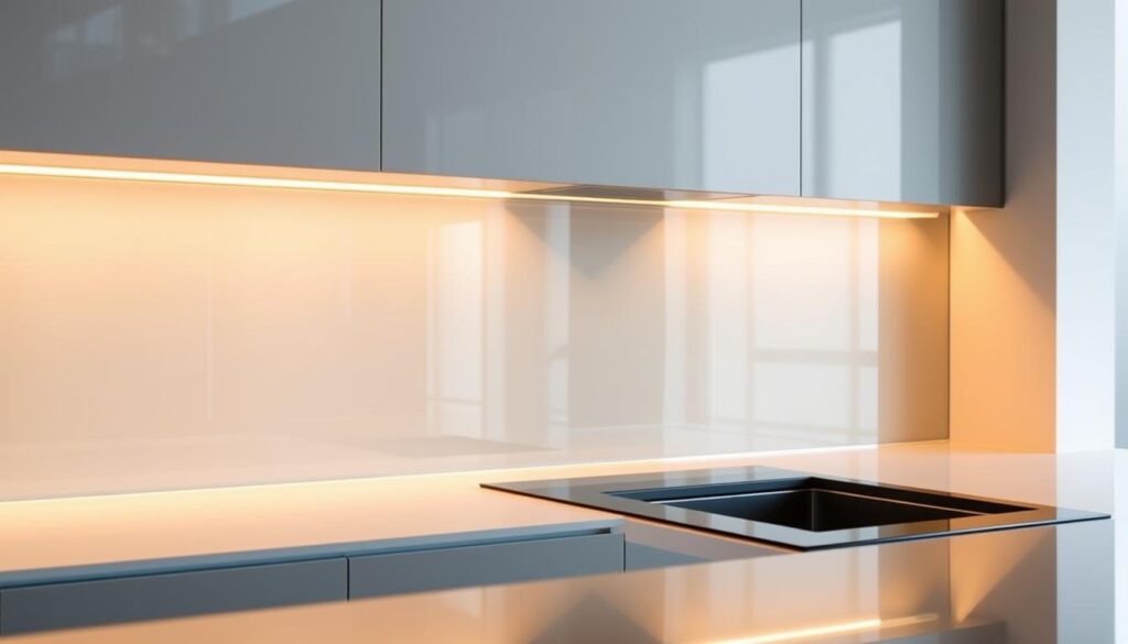 A custom-made kitchen backsplash in a sleek, modern design. A large glass panel reflects the warm lighting and creates an illusion of depth. The surface is smooth and seamless, protected by a durable tempered glass that is easy to clean. The panel is precisely cut to fit the kitchen layout, showcasing a minimalist, high-end aesthetic. Subtle yet striking, the backsplash anchors the kitchen with a harmonious fusion of style, functionality, and effortless installation.