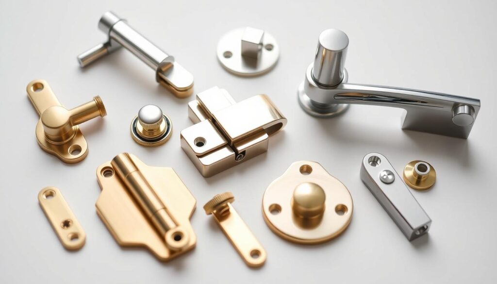 A detailed close-up shot of various brass and stainless steel shower door hardware components, including hinges, handles, and wall brackets, arranged neatly on a plain white background with soft, even lighting. The components are polished to a high sheen, showcasing their durability and premium construction. The arrangement highlights the intricate design and precision engineering of these essential shower door fittings, conveying a sense of quality and attention to detail. The overall mood is one of technical proficiency and understated elegance, reflecting the specialized nature of these shower door accessories. A detailed close-up shot of various brass and stainless steel shower door hardware components, including hinges, handles, and wall brackets, arranged neatly on a plain white background with soft, even lighting. The components are polished to a high sheen, showcasing their durability and premium construction. The arrangement highlights the intricate design and precision engineering of these essential shower door fittings, conveying a sense of quality and attention to detail. The overall mood is one of technical proficiency and understated elegance, reflecting the specialized nature of these shower door accessories.