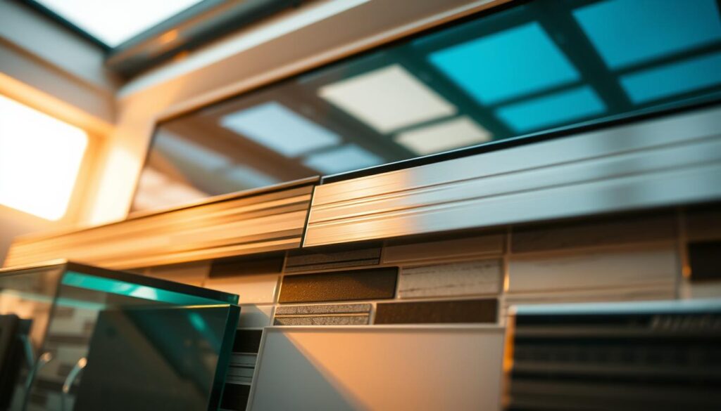 A detailed close-up shot of various kitchen materials, including glass, stainless steel, and tile, illuminated by warm, natural lighting from an overhead skylight. The materials are arranged in a visually interesting composition, showcasing their unique textures, patterns, and reflective properties. The lighting accentuates the depth and dimensionality of the materials, creating a sense of depth and three-dimensionality. The image has a clean, minimalist aesthetic, allowing the materials to be the focal point and highlighting their inherent beauty and suitability for kitchen backsplashes and walls.