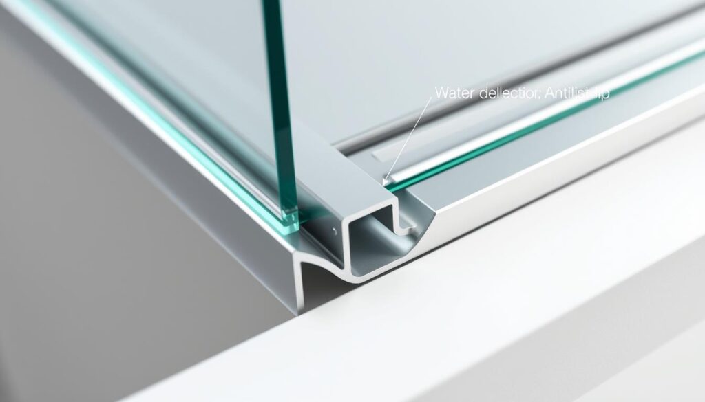 A detailed close-up view of a double-lipped weatherstrip profile, showcasing its intricate design. The primary lip forms a tight seal against a glass surface, while the secondary lip acts as a water deflector, efficiently guiding excess moisture away. The profile's sleek, streamlined shape is emphasized through careful lighting, creating a sense of precision engineering. The material's subtle sheen and matte finish subtly contrast, highlighting the functional yet elegant aesthetic. This specialized weatherstrip component is captured in a high-resolution, high-detail rendering, allowing the viewer to appreciate the nuances of its construction and purpose within a glass shower enclosure. A detailed close-up view of a double-lipped weatherstrip profile, showcasing its intricate design. The primary lip forms a tight seal against a glass surface, while the secondary lip acts as a water deflector, efficiently guiding excess moisture away. The profile's sleek, streamlined shape is emphasized through careful lighting, creating a sense of precision engineering. The material's subtle sheen and matte finish subtly contrast, highlighting the functional yet elegant aesthetic. This specialized weatherstrip component is captured in a high-resolution, high-detail rendering, allowing the viewer to appreciate the nuances of its construction and purpose within a glass shower enclosure.