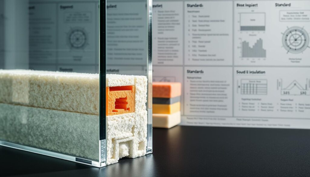 A detailed cross-section of sound insulation materials, showcasing their inner structure and properties. In the foreground, a transparent glass panel with its acoustic dampening characteristics highlighted. In the middle ground, various layers of insulation, including dense mineral wool and sound-absorbing foam, are displayed in vivid detail. The background features technical diagrams and schematics, providing context on insulation classifications, standards, and their practical implications. Crisp lighting illuminates the intricate textures and demonstrates the nuanced science behind effective sound control. A visually striking and informative illustration to accompany the technical article on glass sliding door sound insulation. A detailed cross-section of sound insulation materials, showcasing their inner structure and properties. In the foreground, a transparent glass panel with its acoustic dampening characteristics highlighted. In the middle ground, various layers of insulation, including dense mineral wool and sound-absorbing foam, are displayed in vivid detail. The background features technical diagrams and schematics, providing context on insulation classifications, standards, and their practical implications. Crisp lighting illuminates the intricate textures and demonstrates the nuanced science behind effective sound control. A visually striking and informative illustration to accompany the technical article on glass sliding door sound insulation.
