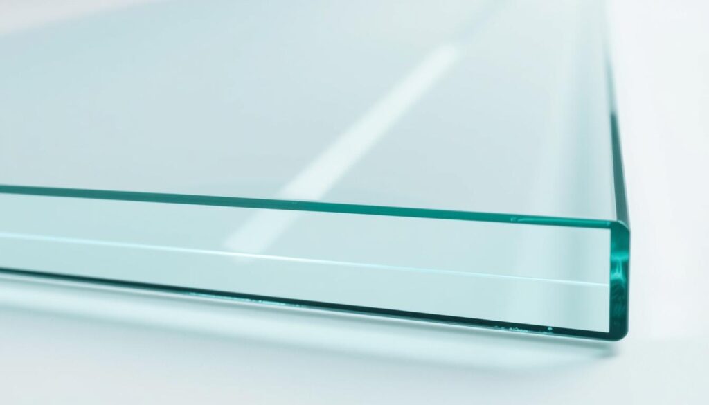 A detailed glass panel, showcasing its impressive thickness and size. The glass is meticulously crafted, with a seamless, high-quality finish. The camera captures the panel in a well-lit, studio-like setting, allowing the material's clarity and structural integrity to be clearly visible. The lighting is soft and diffused, creating a clean, professional aesthetic. The angle of the shot emphasizes the panel's dimensional aspects, highlighting its thickness and the precision of its edges. The background is minimalist, keeping the focus solely on the glass panel and its technical specifications.