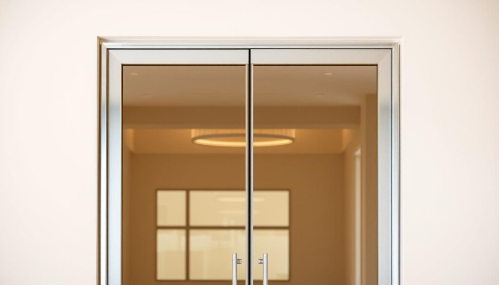 A detailed, high-quality glass door in a modern home interior. The ganzglastür (full-glass door) is framed by sleek, minimalist metal trim, creating a clean, elegant look. The glass panel is large, expansive, and free of any visible hardware or handles, lending an uninterrupted, seamless appearance. Warm, diffused lighting filters through the translucent glass, casting a soft glow and highlighting the material's natural transparency. The door is situated within a neutral-toned wall, allowing the glass to take center stage. The composition emphasizes the architectural lines, material quality, and sense of openness the ganzglastür design provides. A detailed, high-quality glass door in a modern home interior. The ganzglastür (full-glass door) is framed by sleek, minimalist metal trim, creating a clean, elegant look. The glass panel is large, expansive, and free of any visible hardware or handles, lending an uninterrupted, seamless appearance. Warm, diffused lighting filters through the translucent glass, casting a soft glow and highlighting the material's natural transparency. The door is situated within a neutral-toned wall, allowing the glass to take center stage. The composition emphasizes the architectural lines, material quality, and sense of openness the ganzglastür design provides.