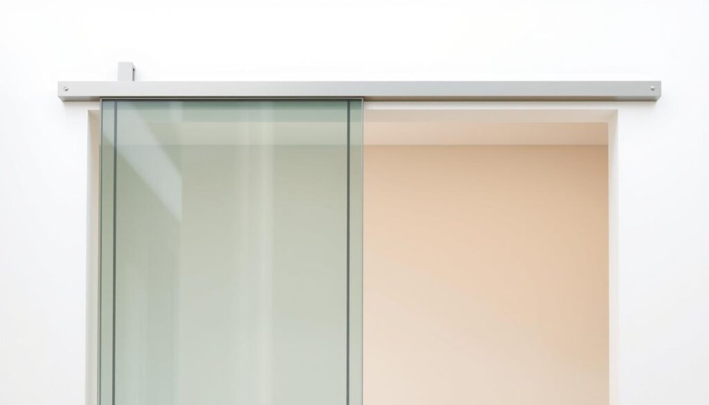 A detailed, high-quality photograph of a sliding door system in a modern, minimalist interior. The sliding door is made of glass and runs smoothly along a metal track mounted on the wall, flush with the surface. The door frame is slim and unobtrusive, allowing the glass to take center stage. The lighting is soft and even, highlighting the clarity and transparency of the glass. The wall behind the sliding door is a neutral, light-colored surface, providing a clean, uncluttered backdrop. The overall composition emphasizes the seamless integration of the sliding door system into the architectural space, showcasing its functional and aesthetic qualities.