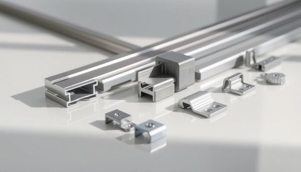 A detailed, precisely engineered image of a variety of accessories for a sliding glass door track system. Prominently featured are high-quality aluminum profiles, smooth-gliding carriages, and adjustable mounting brackets. The accessories are arranged neatly on a clean, reflective surface, highlighting their sleek, modern design. Soft, directional lighting casts subtle shadows, accentuating the textures and contours of the components. The overall scene conveys a sense of quality, functionality, and versatility - key attributes of the "Zubehör Laufschiene" offered by Glastuerhop24. A detailed, precisely engineered image of a variety of accessories for a sliding glass door track system. Prominently featured are high-quality aluminum profiles, smooth-gliding carriages, and adjustable mounting brackets. The accessories are arranged neatly on a clean, reflective surface, highlighting their sleek, modern design. Soft, directional lighting casts subtle shadows, accentuating the textures and contours of the components. The overall scene conveys a sense of quality, functionality, and versatility - key attributes of the "Zubehör Laufschiene" offered by Glastuerhop24.