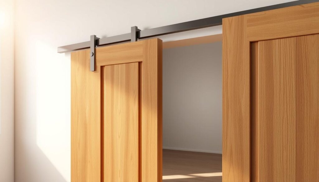 A detailed, technical illustration of a sliding wooden door system. The foreground depicts the inner workings of the sliding mechanism, showcasing the smooth-gliding rail, sturdy metal hangers, and precision-engineered fittings. The middle ground highlights the quality construction of the wooden panels, with a focus on the natural wood grains and elegant beveled edges. The background sets the scene with a minimalist, well-lit interior, allowing the craftsmanship of the door to take center stage. The lighting is warm and directional, creating depth and emphasizing the textural qualities of the materials. The overall mood is one of refined functionality and timeless design, perfectly suited to showcase the innovative "technik schiebetür" system. A detailed, technical illustration of a sliding wooden door system. The foreground depicts the inner workings of the sliding mechanism, showcasing the smooth-gliding rail, sturdy metal hangers, and precision-engineered fittings. The middle ground highlights the quality construction of the wooden panels, with a focus on the natural wood grains and elegant beveled edges. The background sets the scene with a minimalist, well-lit interior, allowing the craftsmanship of the door to take center stage. The lighting is warm and directional, creating depth and emphasizing the textural qualities of the materials. The overall mood is one of refined functionality and timeless design, perfectly suited to showcase the innovative "technik schiebetür" system.