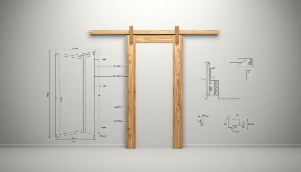 A detailed technical illustration of wooden sliding door dimensions, showcasing a precision engineering diagram. The foreground depicts a technical schematic of the door assembly, with clearly labeled measurements, materials, and specifications. The middle ground features a minimalist rendering of the door frame and hardware components, allowing the technical details to take center stage. The background is a muted, gradient-based color palette, keeping the focus on the informative diagrams. The lighting is soft and even, with a slightly technical, industrial mood conveyed through the use of clean lines and high-contrast elements. The overall composition is designed to provide a comprehensive, visually engaging reference for the section on custom sliding door dimensions and planning.