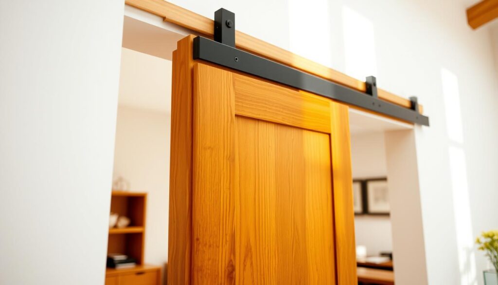 A detailed wood sliding door in warm, natural lighting. In the foreground, the sliding mechanism is visible, showcasing the smooth, engineered hardware. The main panel is made of high-quality, fine-grained wood, stained a rich, honeyed tone. The middle ground reveals the precise dimensions and proportions of the door, highlighting its minimalist yet elegant design. In the background, a glimpse of the surrounding interior space suggests a harmonious integration with the overall decor. The image conveys a sense of quality craftsmanship, functionality, and timeless aesthetic appeal. A detailed wood sliding door in warm, natural lighting. In the foreground, the sliding mechanism is visible, showcasing the smooth, engineered hardware. The main panel is made of high-quality, fine-grained wood, stained a rich, honeyed tone. The middle ground reveals the precise dimensions and proportions of the door, highlighting its minimalist yet elegant design. In the background, a glimpse of the surrounding interior space suggests a harmonious integration with the overall decor. The image conveys a sense of quality craftsmanship, functionality, and timeless aesthetic appeal.
