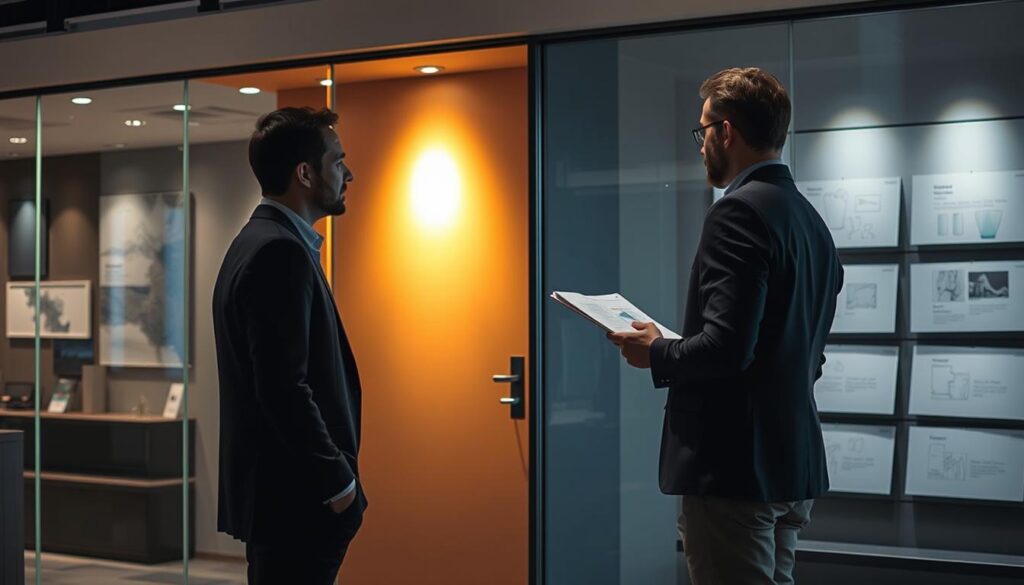 A dimly lit showroom with a glass partition serving as the central focus. The partition is backlit, casting a warm glow and highlighting its smooth, seamless surface. In the foreground, a well-dressed customer stands before a sales associate, engaged in a detailed discussion about the customization options available. The background features a display of various glass samples and design sketches, conveying the expertise and personalized service offered by the company. The scene is infused with a sense of professionalism and attention to detail, reflecting the high-quality solutions provided by Glastürhop24.