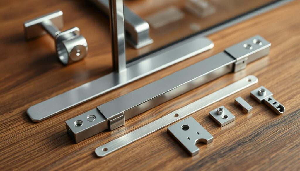 A finely crafted assortment of high-quality accessories for glass sliding doors, elegantly displayed on a sleek wooden surface. Polished chrome handles, precision-engineered tracks, and discreet installation hardware create a visually harmonious scene. Soft studio lighting accentuates the subtle textures and reflections, evoking a sense of sophisticated functionality. The arrangement exudes a minimalist, premium aesthetic that seamlessly complements the premium glass sliding door solutions featured in the article.