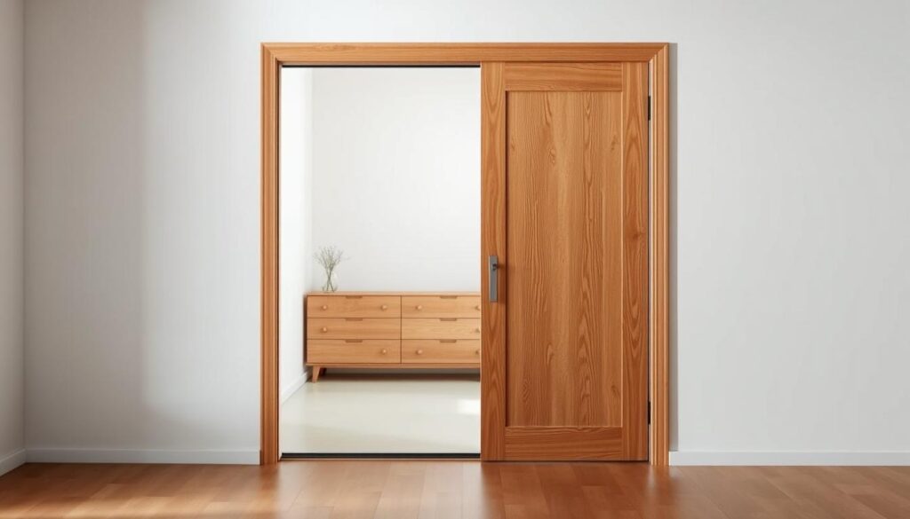 A finely crafted, custom-made wooden sliding door stands gracefully in a well-lit, minimalist interior. Warm, natural oak wood grains catch the soft, diffused lighting, creating a sense of elegant simplicity. The door's sleek, unobtrusive design seamlessly blends into the surrounding space, emphasizing its high-quality German engineering and precision. Subtle hardware accents complement the door's refined aesthetic, while its smooth, effortless motion invites interaction. This bespoke sliding door, handcrafted by the experts at Glastuerhop24, embodies the perfect balance of form and function, making it the centerpiece of this refined, contemporary living space. A finely crafted, custom-made wooden sliding door stands gracefully in a well-lit, minimalist interior. Warm, natural oak wood grains catch the soft, diffused lighting, creating a sense of elegant simplicity. The door's sleek, unobtrusive design seamlessly blends into the surrounding space, emphasizing its high-quality German engineering and precision. Subtle hardware accents complement the door's refined aesthetic, while its smooth, effortless motion invites interaction. This bespoke sliding door, handcrafted by the experts at Glastuerhop24, embodies the perfect balance of form and function, making it the centerpiece of this refined, contemporary living space.