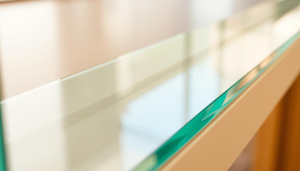 A finely crafted sheet of tempered safety glass, its surface gleaming under the warm, diffused lighting. The glass appears seamless and flawless, its edges meticulously polished to a smooth, beveled finish. The material exudes a sense of strength and durability, with a subtle hue that reflects the natural light streaming in from an unseen source. The focus is sharp, capturing the intricate details of the glass's structure, while the background is softly blurred, allowing the subject to take center stage. This image conveys the quality, technical precision, and safety features that define the essence of "Sicherheitsglas" - a key component in the innovative sliding door solutions for modern living spaces.