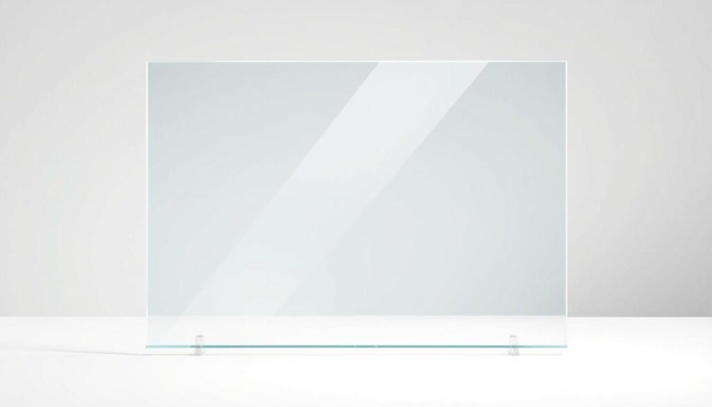A finely crafted tempered glass panel, its surface shimmering with a subtle satin finish. The glass appears to float weightlessly, suspended in a minimalist studio setting illuminated by soft, diffused lighting. The material's inherent strength and safety properties are evident, conveying a sense of reliability and dependability. The image captures the essence of safety glass, highlighting its versatility and suitability for kitchen applications such as backsplashes and countertops. The overall composition emphasizes the material's clarity, durability, and aesthetic appeal, making it a visually compelling representation of the section title "Materialkunde: Sicherheitsglas und Alternativen im Überblick".