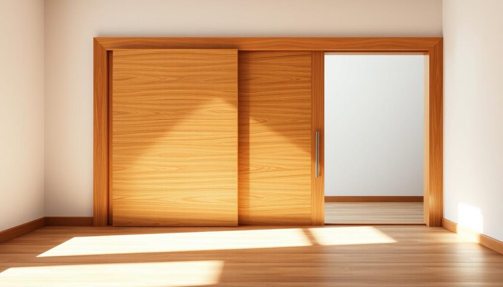 A finely crafted wooden sliding door in a warm, natural wood grain, positioned in a well-lit, airy interior space. The door's sleek, minimalist design features clean lines and a seamless sliding mechanism, creating a sense of effortless functionality. Soft, diffused lighting casts gentle shadows, highlighting the wood's intricate texture and grain patterns. The door is set against a backdrop of neutral-toned walls, allowing the natural beauty of the wood to take center stage. The overall composition conveys a sense of modern elegance and thoughtful design, perfectly suited for a high-end, customized home environment. A finely crafted wooden sliding door in a warm, natural wood grain, positioned in a well-lit, airy interior space. The door's sleek, minimalist design features clean lines and a seamless sliding mechanism, creating a sense of effortless functionality. Soft, diffused lighting casts gentle shadows, highlighting the wood's intricate texture and grain patterns. The door is set against a backdrop of neutral-toned walls, allowing the natural beauty of the wood to take center stage. The overall composition conveys a sense of modern elegance and thoughtful design, perfectly suited for a high-end, customized home environment.