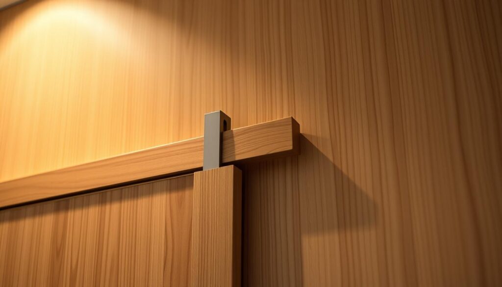 A finely crafted wooden sliding door track, with a smooth and sleek profile, mounted flush against a light-colored wooden wall. The track features a slim, minimalist design, highlighting the quality and craftsmanship of the hardware. Warm, diffused lighting from above casts gentle shadows, accentuating the natural grain and texture of the wood. The track is positioned at eye level, allowing the viewer to appreciate the attention to detail and the integration of the system into the overall design of the space. The overall atmosphere is one of refined elegance and understated sophistication, complementing the theme of the article's section on "Technik, Montage und Systeme im Detail". A finely crafted wooden sliding door track, with a smooth and sleek profile, mounted flush against a light-colored wooden wall. The track features a slim, minimalist design, highlighting the quality and craftsmanship of the hardware. Warm, diffused lighting from above casts gentle shadows, accentuating the natural grain and texture of the wood. The track is positioned at eye level, allowing the viewer to appreciate the attention to detail and the integration of the system into the overall design of the space. The overall atmosphere is one of refined elegance and understated sophistication, complementing the theme of the article's section on "Technik, Montage und Systeme im Detail".