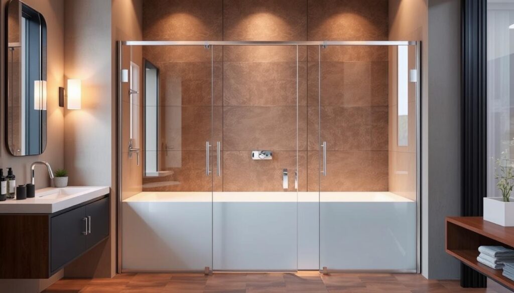 A foldable glass shower partition stands elegantly in a modern bathroom, its sleek panels effortlessly gliding open and closed. Warm lighting casts a soft glow, highlighting the partition's clean lines and seamless integration with the space. The partition's compact, space-saving design offers versatility, allowing it to be neatly tucked away when not in use, creating an uncluttered, spa-like ambiance. Precisely engineered hinges and smooth, quiet mechanisms ensure effortless operation, while the high-quality tempered glass provides both durability and a luxurious visual appeal. This foldable shower partition is the perfect solution for bathrooms of all sizes, seamlessly blending form and function to elevate the everyday bathing experience. A foldable glass shower partition stands elegantly in a modern bathroom, its sleek panels effortlessly gliding open and closed. Warm lighting casts a soft glow, highlighting the partition's clean lines and seamless integration with the space. The partition's compact, space-saving design offers versatility, allowing it to be neatly tucked away when not in use, creating an uncluttered, spa-like ambiance. Precisely engineered hinges and smooth, quiet mechanisms ensure effortless operation, while the high-quality tempered glass provides both durability and a luxurious visual appeal. This foldable shower partition is the perfect solution for bathrooms of all sizes, seamlessly blending form and function to elevate the everyday bathing experience.