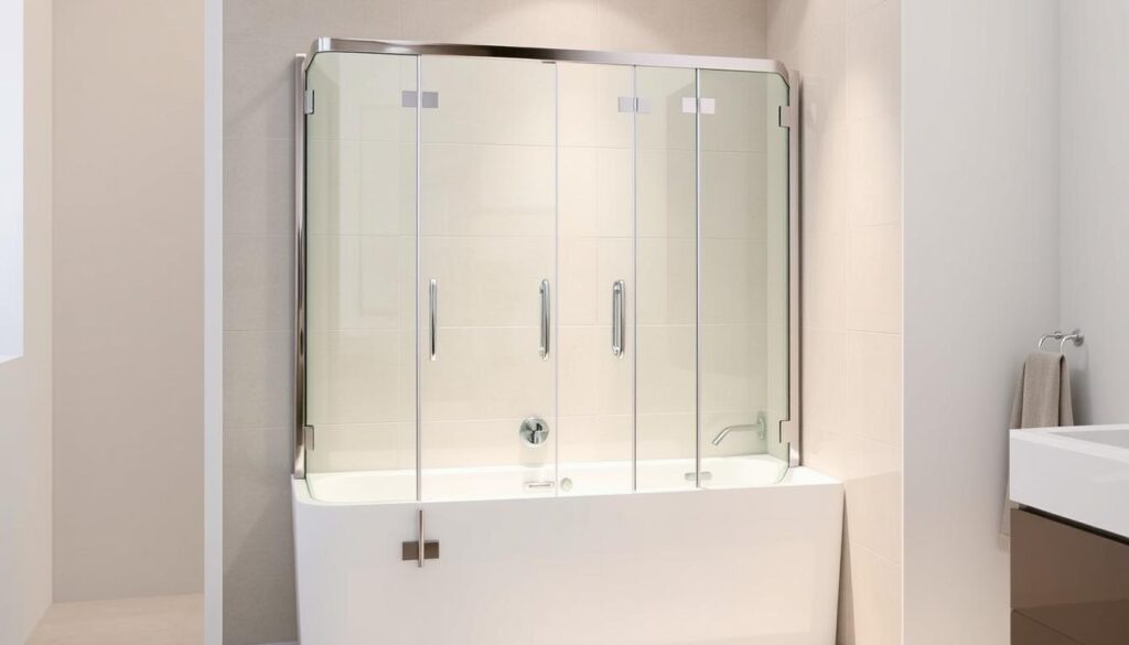 A foldable shower wall for a bathtub, showcased in a well-lit, modern bathroom setting. The wall is made of tempered glass panels that gracefully fold inward, creating a sleek and minimalist design. The fittings are chrome-plated, complementing the neutral color palette of the bathroom tiles and fixtures. The shower wall is positioned at a slight angle, creating an inviting and spacious entrance. The lighting is a warm, soft glow, casting a gentle ambiance over the scene. The entire composition emphasizes the functionality and elegant aesthetic of this customizable shower solution.