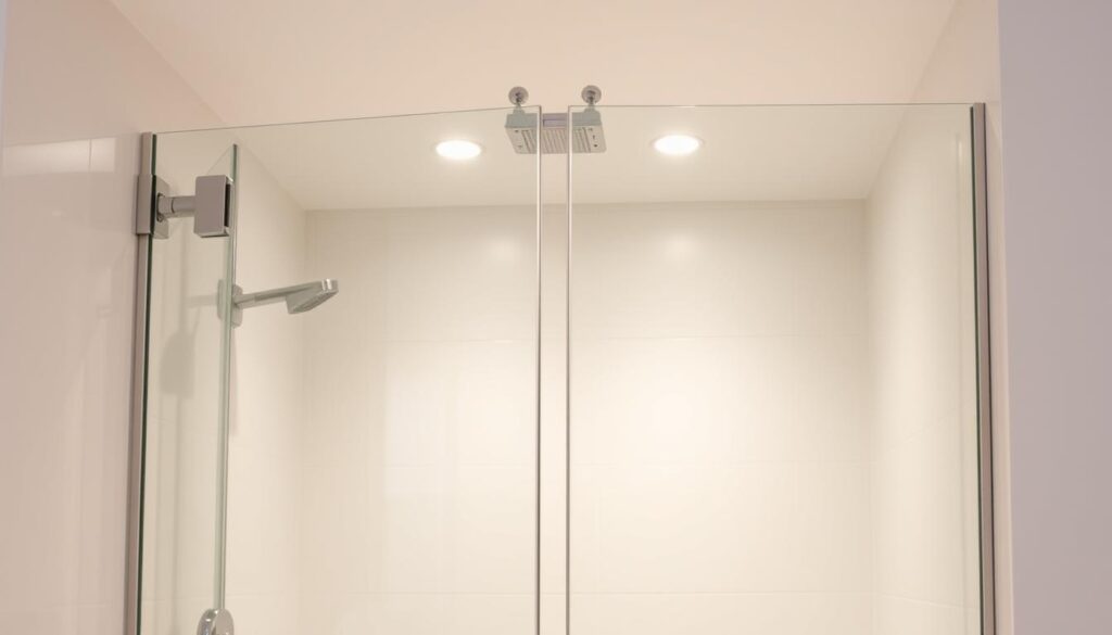 A folding glass shower enclosure, its sleek panels seamlessly blending with the modern bathroom's minimalist aesthetic. Suspended on discreet hinges, the enclosure effortlessly pivots and folds against the wall, maximizing space when not in use. Crystalline panes catch the gentle glow of recessed lighting, casting a soft, inviting ambiance. Meticulously crafted hardware gleams, complementing the enclosure's clean lines. The enclosure's frameless design creates an airy, expansive feel, heightening the sense of spaciousness. This versatile, space-saving solution is the perfect addition to any contemporary bathroom, elegantly fusing form and function. A folding glass shower enclosure, its sleek panels seamlessly blending with the modern bathroom's minimalist aesthetic. Suspended on discreet hinges, the enclosure effortlessly pivots and folds against the wall, maximizing space when not in use. Crystalline panes catch the gentle glow of recessed lighting, casting a soft, inviting ambiance. Meticulously crafted hardware gleams, complementing the enclosure's clean lines. The enclosure's frameless design creates an airy, expansive feel, heightening the sense of spaciousness. This versatile, space-saving solution is the perfect addition to any contemporary bathroom, elegantly fusing form and function.