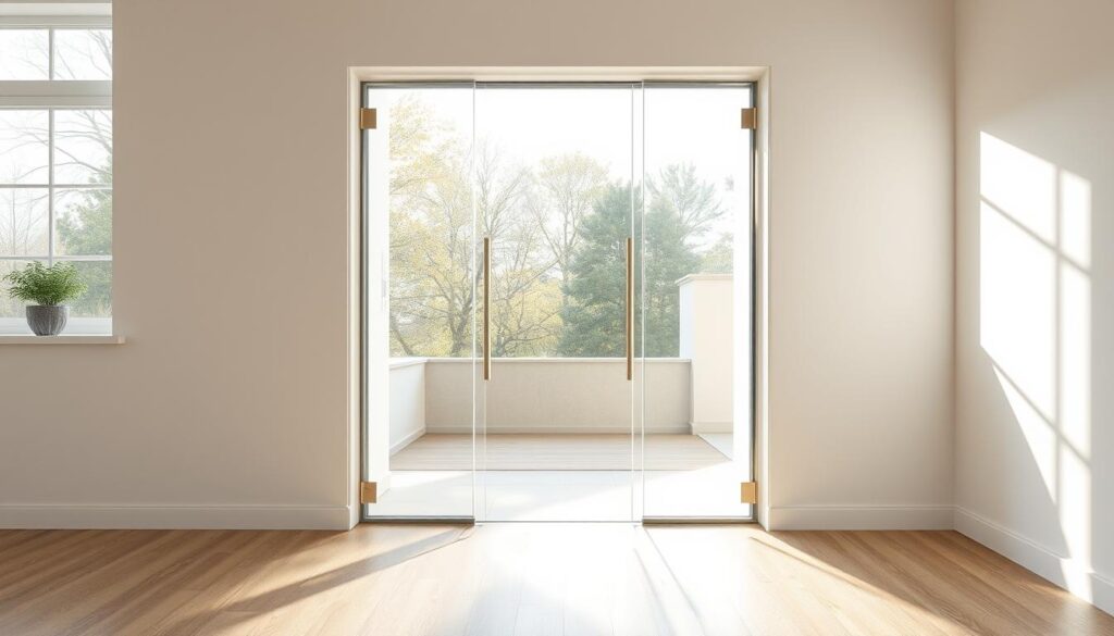 A fully-glazed glass door, known as a "ganzglastür", stands elegantly in a bright, modern interior. The door's tempered glass panels reflect the natural light flooding in through nearby windows, creating a seamless, airy atmosphere. Sleek, brushed metal door handles and hinges accentuate the minimalist design, complementing the surrounding wood or tile flooring. Precisely engineered to fit a standard doorframe, the ganzglastür seamlessly integrates with the home's architecture, allowing an unobstructed view and flow between rooms. Subtle lighting casts a warm glow, highlighting the door's crystalline transparency and emphasizing its role as a focal point within the space. A fully-glazed glass door, known as a "ganzglastür", stands elegantly in a bright, modern interior. The door's tempered glass panels reflect the natural light flooding in through nearby windows, creating a seamless, airy atmosphere. Sleek, brushed metal door handles and hinges accentuate the minimalist design, complementing the surrounding wood or tile flooring. Precisely engineered to fit a standard doorframe, the ganzglastür seamlessly integrates with the home's architecture, allowing an unobstructed view and flow between rooms. Subtle lighting casts a warm glow, highlighting the door's crystalline transparency and emphasizing its role as a focal point within the space.