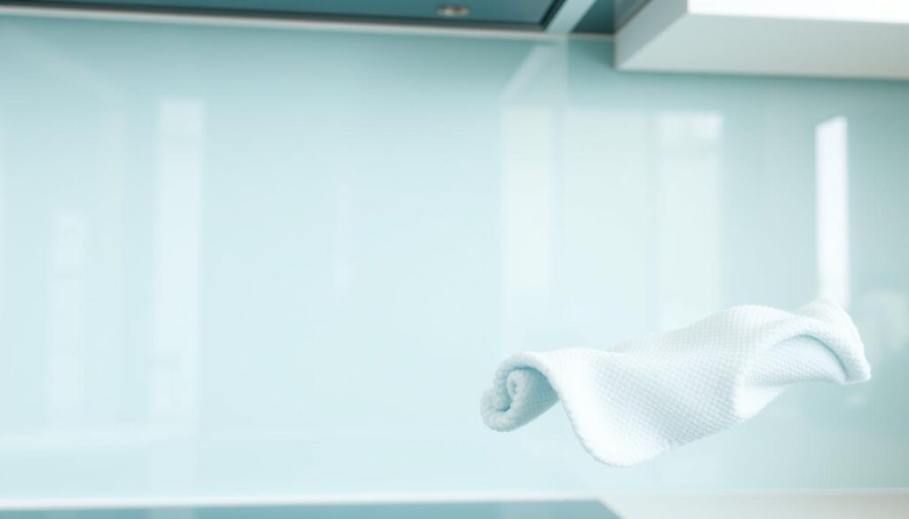 A glass kitchen backsplash glistens under bright, even lighting, its smooth surface reflecting the surroundings. The backsplash, free of smudges or residue, showcases its transparent, high-quality material. In the foreground, a soft, lint-free cloth hovers, ready to effortlessly wipe away any minor spills or fingerprints that may accumulate, restoring the backsplash's pristine appearance without the need for harsh chemical cleaners. The backsplash is positioned against a neutral background, allowing its sleek, modern design to take center stage and emphasize the ease of maintaining a spotless, hygienic kitchen environment.