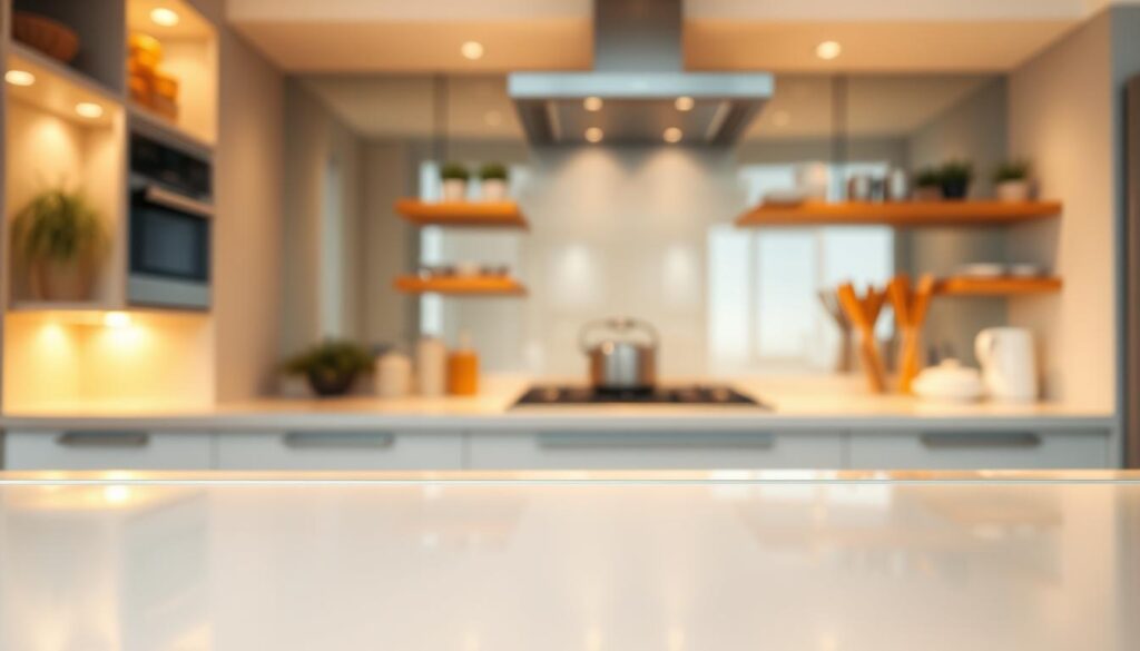 A glass panel reflecting the warm light of a well-lit kitchen, its smooth surface pristine and free of any obstructions. The panel is positioned in the foreground, with a subtle vignette effect framing its edges. In the middle ground, a clean and organized kitchen countertop comes into view, showcasing the glass panel's seamless integration into the space. The background features a softly blurred, but visually appealing, kitchen environment, hinting at the panel's practical application as a protective shield against splashes and spills. The overall composition conveys a sense of modern, high-quality craftsmanship and attention to detail, perfectly suited to illustrate the "Lieferung, Preise & Leistungen" section of the article.