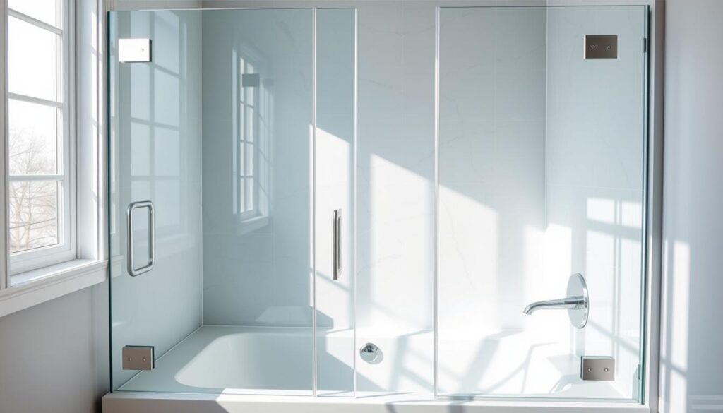 A glass shower enclosure for a bathtub, showcasing intricate design and high-quality craftsmanship. The enclosure features seamless, frameless panels made of clear tempered glass, reflecting the modern, minimalist aesthetic of the bathroom. Abundant natural light streams through the transparent glass, creating a bright, airy atmosphere. The enclosure is expertly installed, with sleek hardware and impeccable attention to detail. Soft, directional lighting highlights the clean lines and smooth surface of the glass, casting gentle shadows and enhancing the overall visual appeal. The enclosure is positioned in the corner of the bathtub, providing a sense of privacy and enclosure while maintaining an open, spacious feel. The entire scene exudes a sophisticated, high-end ambiance, perfectly complementing the luxurious nature of the bathtub.