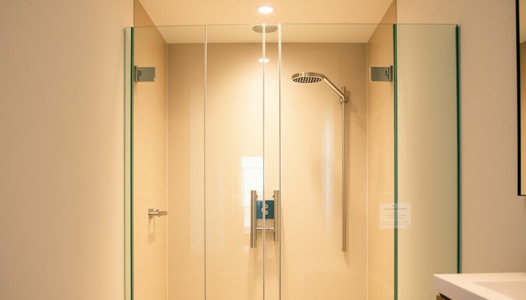 A glass shower enclosure stands in a modern bathroom, its clean lines and transparent panels casting a warm, inviting glow. The glass panels, carefully crafted in a variety of styles, reflect the light, creating a sense of depth and spaciousness. The fixtures, designed with precision, seamlessly blend with the glass, adding a touch of elegance. The scene is illuminated by soft, diffused lighting, creating a serene and tranquil atmosphere. The camera captures the enclosure from a slightly elevated angle, showcasing the intricate details and the overall harmonious design. The image conveys the customizable nature of the glass shower, highlighting the versatility of materials, shapes, and configurations that can be tailored to individual preferences.