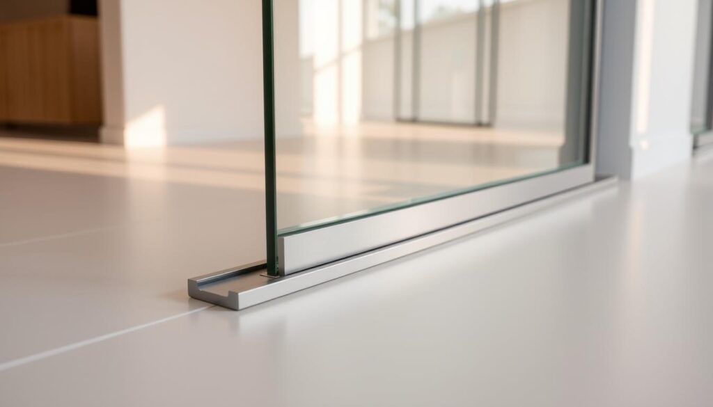 A glass sliding door assembly, its sleek aluminum track system in sharp focus. The door panels cast soft shadows on the light-colored floor, hinting at a warm, minimalist interior. The track's smooth, brushed finish reflects the gentle lighting, inviting a closer inspection of its robust, engineered design. In the background, a muted, harmonious color palette sets a serene, high-end ambiance, emphasizing the attention to detail and quality craftsmanship. Captured at a slight angle to highlight the track's linear elegance and the door's seamless integration, this image conveys the precision, functionality and aesthetic appeal of a premium sliding door solution. A glass sliding door assembly, its sleek aluminum track system in sharp focus. The door panels cast soft shadows on the light-colored floor, hinting at a warm, minimalist interior. The track's smooth, brushed finish reflects the gentle lighting, inviting a closer inspection of its robust, engineered design. In the background, a muted, harmonious color palette sets a serene, high-end ambiance, emphasizing the attention to detail and quality craftsmanship. Captured at a slight angle to highlight the track's linear elegance and the door's seamless integration, this image conveys the precision, functionality and aesthetic appeal of a premium sliding door solution.