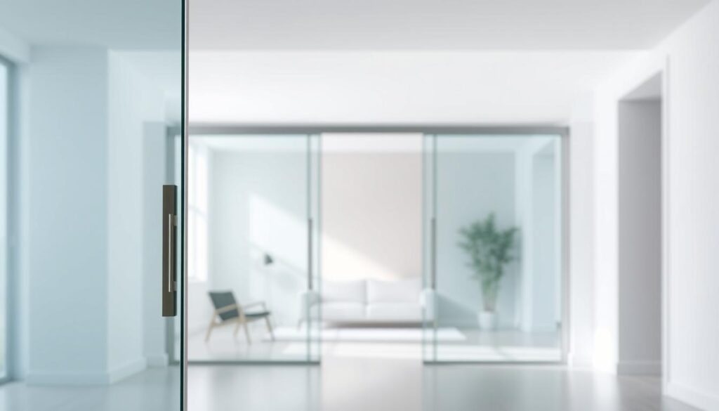 A glass sliding door system in a bright, modern interior. The foreground features a sleek, minimalist glass panel with a clean, unobtrusive frame. The middle ground showcases a seamless, effortless sliding mechanism, highlighting the ease of use and the high-quality engineering. The background depicts a well-lit, airy space, with neutral-toned walls and ample natural lighting, creating a serene and inviting atmosphere. The overall scene conveys a sense of elegance, simplicity, and functionality, reflecting the "Anfrage" concept of making the choice of a glass sliding door system a straightforward and enjoyable experience. A glass sliding door system in a bright, modern interior. The foreground features a sleek, minimalist glass panel with a clean, unobtrusive frame. The middle ground showcases a seamless, effortless sliding mechanism, highlighting the ease of use and the high-quality engineering. The background depicts a well-lit, airy space, with neutral-toned walls and ample natural lighting, creating a serene and inviting atmosphere. The overall scene conveys a sense of elegance, simplicity, and functionality, reflecting the "Anfrage" concept of making the choice of a glass sliding door system a straightforward and enjoyable experience.