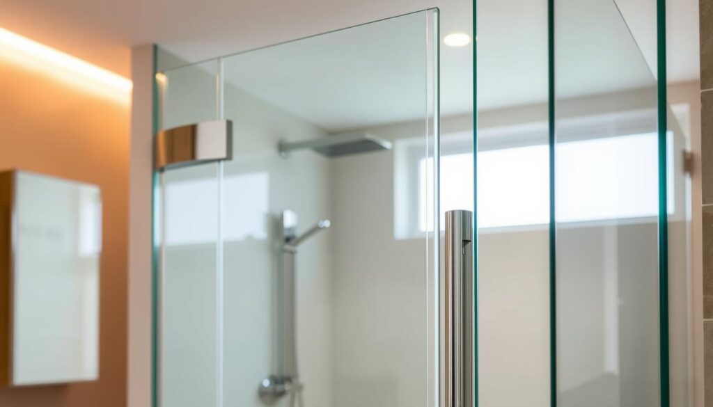 A high-quality 8mm tempered glass shower door, elegantly framed by modern metal hardware in a sleek, minimalist design. The glass has a smooth, clear "klarglas" finish, allowing ample natural light to flow through. Polished chrome hinges and a stylish handle complement the transparent panel, creating a cohesive, premium look. The door is installed in a spacious, well-lit bathroom, with warm, indirect lighting illuminating the space. The overall atmosphere conveys a sense of sophistication, functionality, and attention to detail - a perfect illustration of quality and design in custom shower solutions.