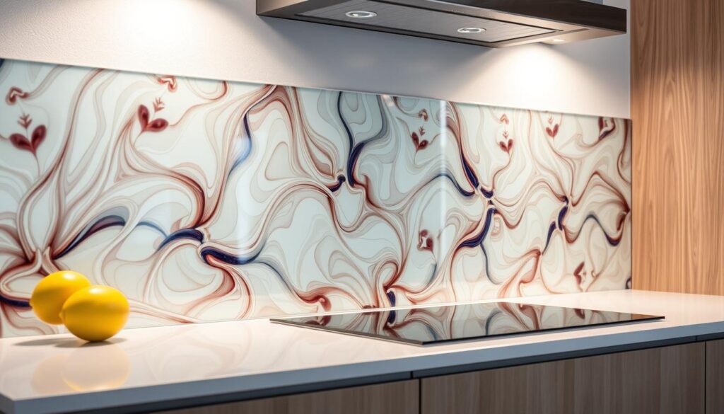 A high-quality, UV-resistant glass spritzschutz (splashback) with a digitally printed pattern, showcasing a modern, clean design. The glass has a sleek, glossy surface, with sharp, precise edges. The print displays a vibrant, seamless pattern that extends across the entire surface, capturing the essence of "Qualität, Drucktechnik und Garantie". Soft, diffused lighting illuminates the glass, highlighting its transparency and depth. The image is captured at a slightly elevated angle, providing a clear, detailed view of the spritzschutz's construction and finish.
