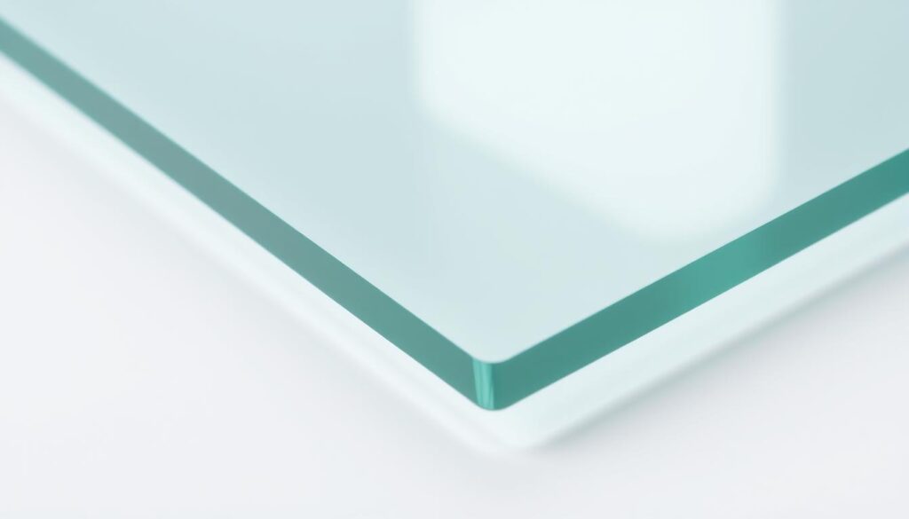 A high-quality, close-up image of a flawless, freshly polished sheet of 6mm ESG tempered safety glass, with a slight green tint and a glossy, reflective surface. The glass appears to be illuminated by soft, diffused lighting, casting delicate shadows and highlights that accentuate its smooth, uniform texture and pristine condition. The background is a simple, neutral color, allowing the glass to be the focal point of the composition, showcasing its superior material quality and structural integrity.