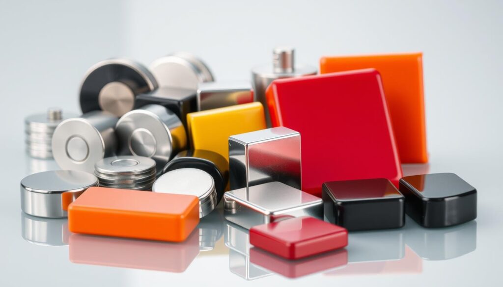 A high-quality close-up photograph of a selection of metal magnets in various shapes and sizes, including round, square, and rectangular magnets, arranged neatly on a clean, reflective surface. The magnets should be shown in a variety of colors, such as silver, black, and vibrant primary colors, to highlight their versatility and visual appeal. The lighting should be soft and diffused, creating subtle shadows and highlights that emphasize the smooth, glossy surfaces of the magnets. The overall composition should be well-balanced, with the magnets positioned in an aesthetically pleasing arrangement that conveys a sense of order and functionality, suitable for illustrating the "Zubehör, Extras und Pflege" section of the article on glass kitchen backsplashes.
