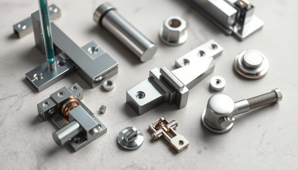 A high-quality close-up shot of various metal hardware components for a glass shower door installation, including hinges, handles, and other fittings. The pieces are arranged neatly on a neutral, reflective surface, allowing the intricate details and finishes to be clearly visible. Soft, directional lighting casts subtle shadows, emphasizing the sleek, modern design and premium construction of the components. The overall composition conveys a sense of precision, durability, and the meticulous attention to detail that goes into a well-engineered glass shower door system. A high-quality close-up shot of various metal hardware components for a glass shower door installation, including hinges, handles, and other fittings. The pieces are arranged neatly on a neutral, reflective surface, allowing the intricate details and finishes to be clearly visible. Soft, directional lighting casts subtle shadows, emphasizing the sleek, modern design and premium construction of the components. The overall composition conveys a sense of precision, durability, and the meticulous attention to detail that goes into a well-engineered glass shower door system.