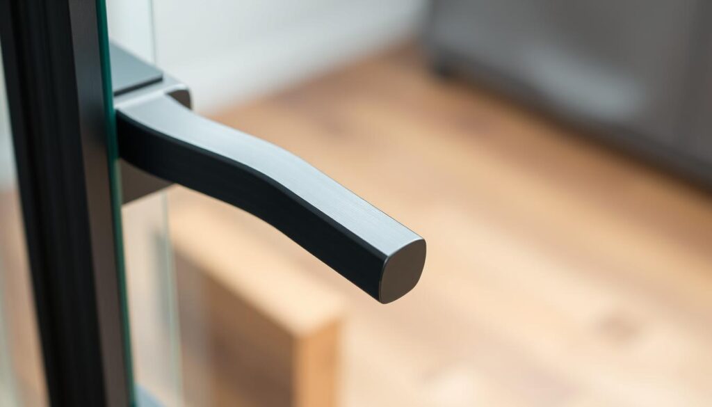 A high-quality, detailed image of a "stangengriff" for a glass sliding door. The grip should be prominently featured in the center of the frame, with a clean, minimalist design in brushed stainless steel or matte black finish. Capture the grip's ergonomic shape and sturdy construction, conveying a sense of quality and functionality. The background should be softly blurred, placing the focus on the grip itself, which should be illuminated by natural, even lighting to showcase the material's texture and finish. Shoot the grip from a straight-on angle to emphasize its elegant, understated aesthetic, suitable for use in an article about premium glass sliding door hardware. A high-quality, detailed image of a "stangengriff" for a glass sliding door. The grip should be prominently featured in the center of the frame, with a clean, minimalist design in brushed stainless steel or matte black finish. Capture the grip's ergonomic shape and sturdy construction, conveying a sense of quality and functionality. The background should be softly blurred, placing the focus on the grip itself, which should be illuminated by natural, even lighting to showcase the material's texture and finish. Shoot the grip from a straight-on angle to emphasize its elegant, understated aesthetic, suitable for use in an article about premium glass sliding door hardware.