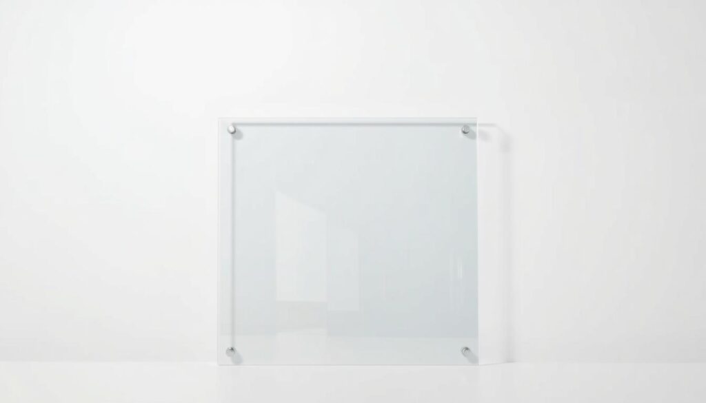 A high-quality, detailed image of a transparent acrylic glass panel, displayed in a well-lit, minimalist setting. The panel is positioned in the foreground, with soft, diffused lighting illuminating its glossy, flawless surface. The background is a clean, white wall, providing a simple, uncluttered backdrop to showcase the material's clarity and sleek, modern aesthetic. The image conveys a sense of sophistication and elegance, highlighting the versatility and visual appeal of acrylic glass as a material for kitchen backsplashes or other interior design applications.